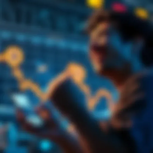 A person laughing while looking at a downward graph of Bitcoin prices, with a phone displaying cryptocurrency news in the background.