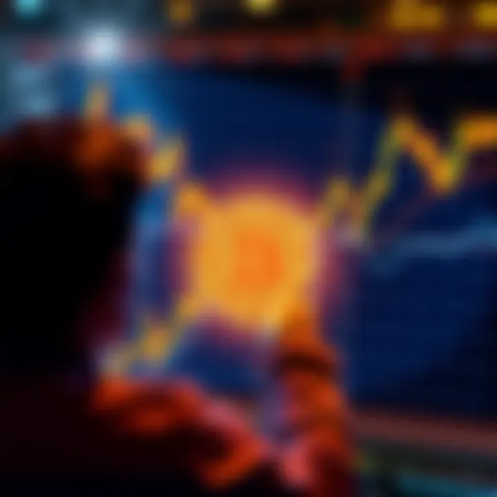 Bitcoin Price Fluctuation A graphic showing rising and falling Bitcoin prices with a person looking at a chart, representing investment decisions.