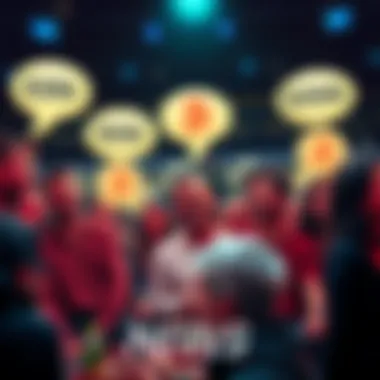 A group of people sharing funny and wild predictions for Bitcoin prices, with speech bubbles showing different amounts like $30k, $50k, and $250k, all laughing and having a good time.