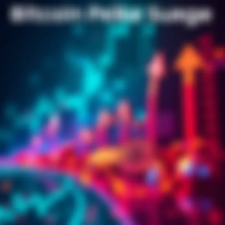 A graphic showing a sharp increase in Bitcoin's price with arrows indicating upward movement.