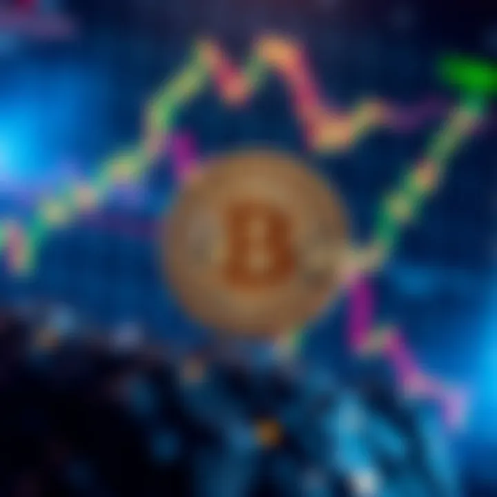 Bitcoin logo with a rising chart reflecting the price spike to $69,850 and liquidations in the background.