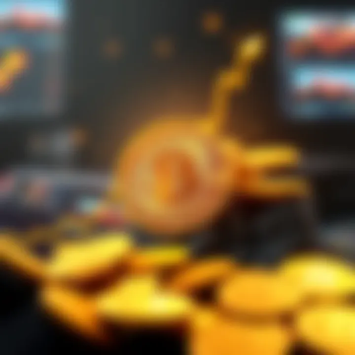 A graphical representation showing a rising Bitcoin price line with gold coins around it, symbolizing cryptocurrency growth.