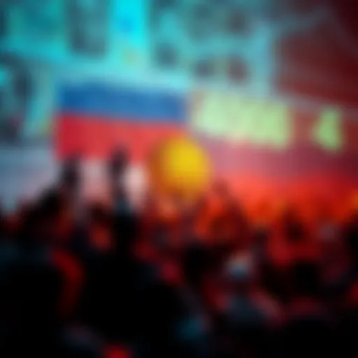 Graph showing Bitcoin price rising with a background of Russian banknotes and a worried crowd