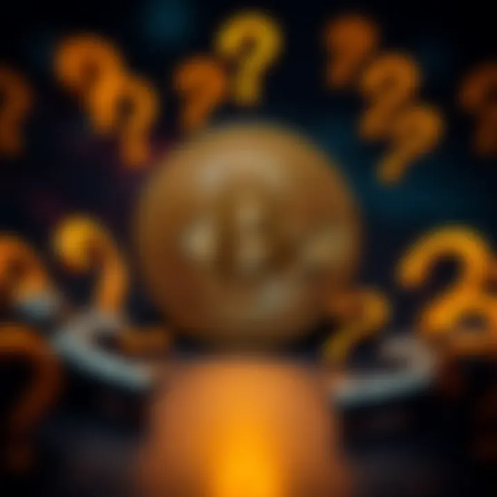 A Bitcoin symbol surrounded by question marks, representing uncertainty about its purpose as a currency.