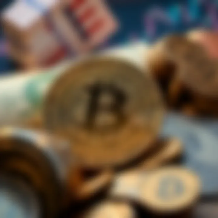 An artistic representation of Bitcoin's historic price drop below $1, with a juxtaposition of past and present imagery of digital currencies