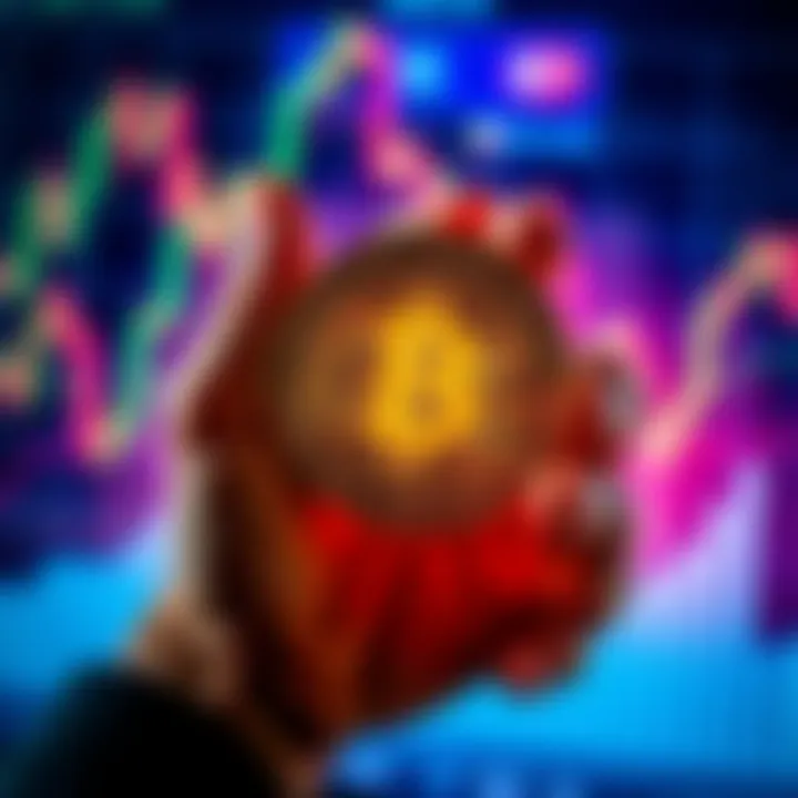 A person holding a Bitcoin symbol with a backdrop of financial charts, symbolizing change in finance.