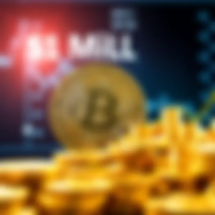 A representation of Bitcoin symbolizing its rise to one million dollars, with a graph showing a steep upward trend