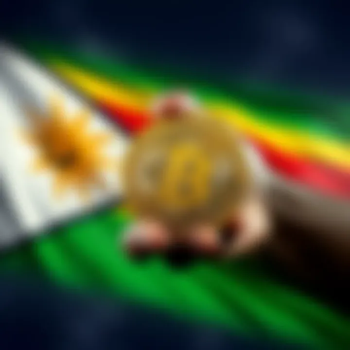 A person holding a Bitcoin symbol with a backdrop of Zimbabwe's flag