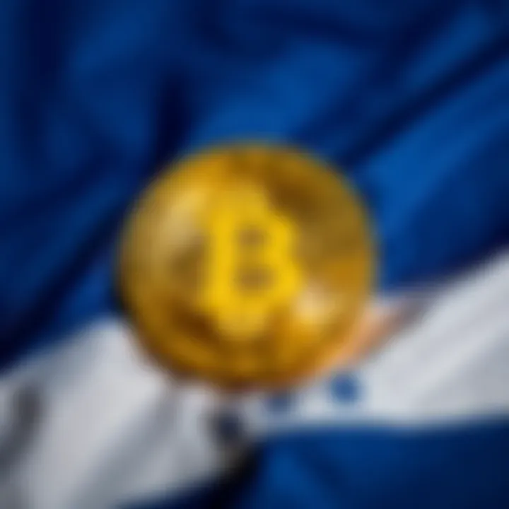 Bitcoin symbol placed over the Salvadoran flag, representing the impact of cryptocurrency in El Salvador