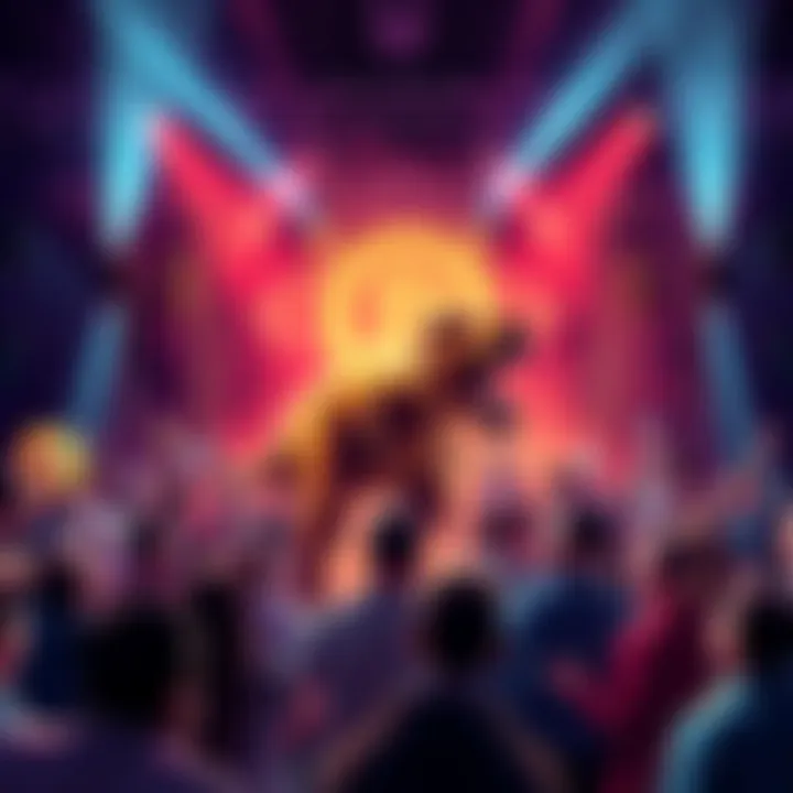 A lively launch party scene for Bitcoin-Saurus featuring excited people and cryptocurrency visuals