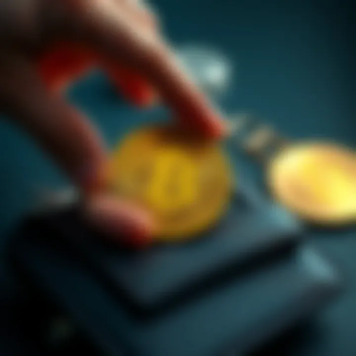 A hand placing a Bitcoin into a secure wallet, representing safe storage of crypto assets