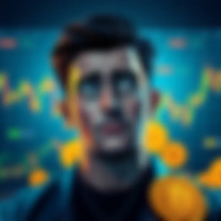 A person contemplating selling Bitcoin with a worried expression, surrounded by charts showing Bitcoin price fluctuations.