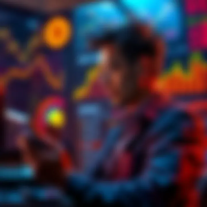 A thoughtful investor analyzing Bitcoin trends with charts and graphs around them
