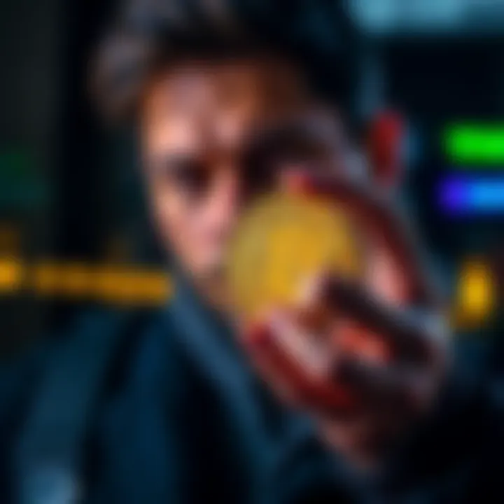 Bitcoin significance A person holding a Bitcoin coin with a thoughtful expression, symbolizing understanding and impact of Bitcoin in finance.