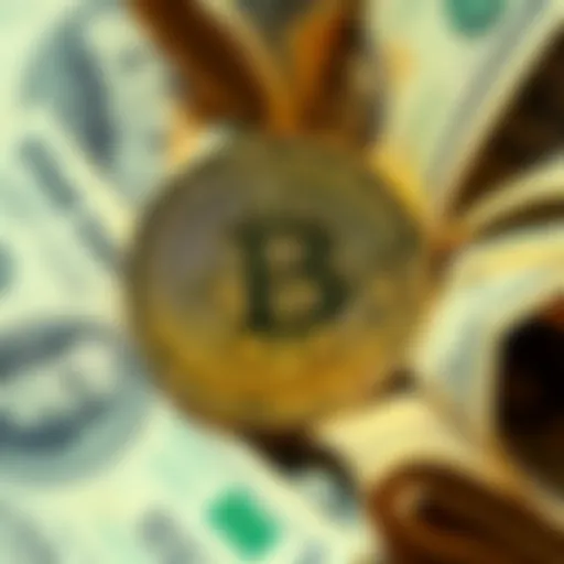A visual of a Bitcoin coin surrounded by traditional paper money, highlighting its value as a digital asset.