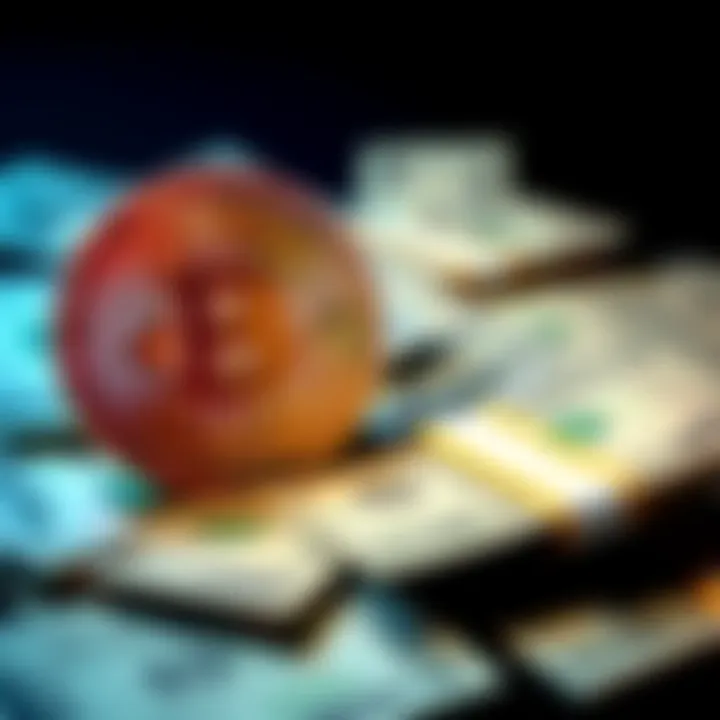 Bitcoin being sold to pay dividends Illustration of Bitcoin being sold with dollar bills representing dividends