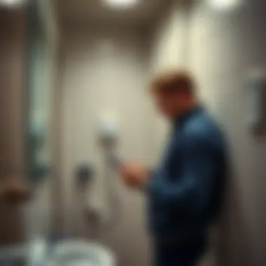 An employee checking their phone in a work bathroom, surprised by Bitcoin's rise while earning a low wage.