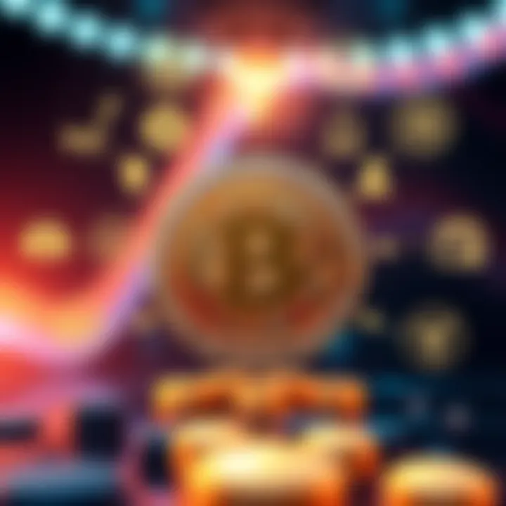 A prominent Bitcoin symbol surrounded by various icons representing its new use cases, like shopping, investment, and technology.