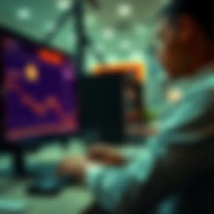 Bitcoin to Cash Conversion A person at a computer screen looking at Bitcoin exchange rates while preparing to withdraw cash from a bank.