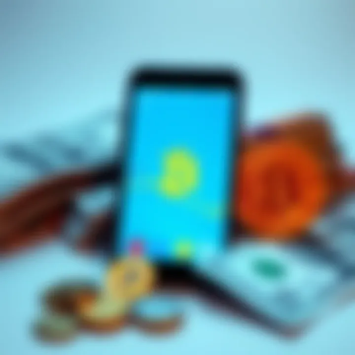 A smartphone displaying a Bitcoin wallet app with cash and coins beside it, symbolizing the shift from fiat to Bitcoin.