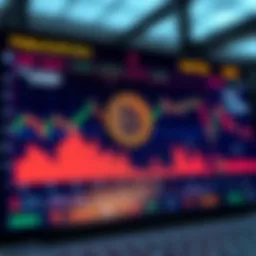 A digital screen showing Bitcoin's value in USD alongside charts and graphs related to cryptocurrency and fiat currencies