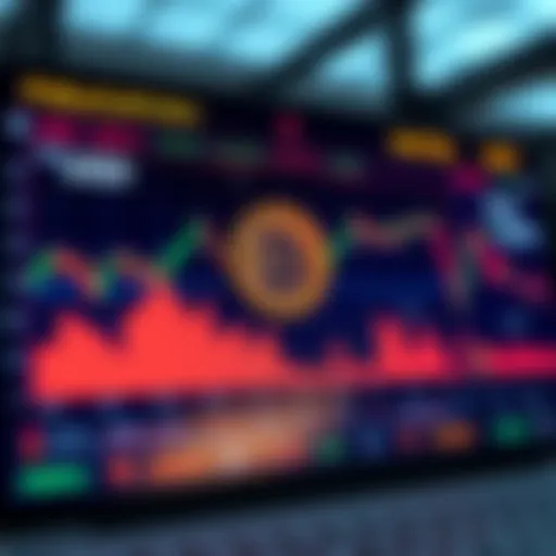 Bitcoin valuation display A digital screen showing Bitcoin's value in USD alongside charts and graphs related to cryptocurrency and fiat currencies
