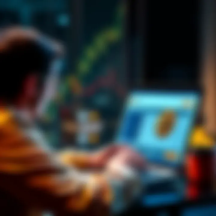 A person checking their cryptocurrency account on a laptop, surprised by the balance showing a significant increase in value, symbolizing unexpected wealth from Bitcoin investment.