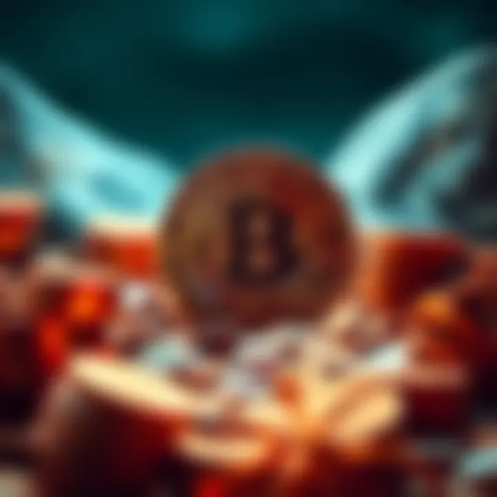 The Bitcoin symbol surrounded by coins and dollar bills, showing financial success and freedom.