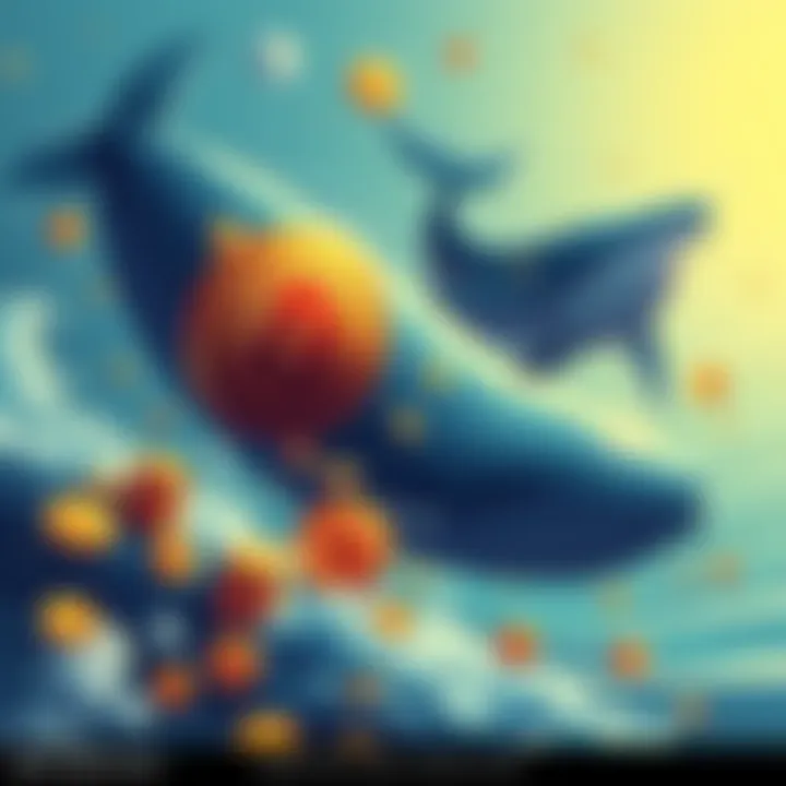 Illustration of large Bitcoin whales representing big investors selling their assets while retail investors are filling wallets with smaller Bitcoin amounts, symbolizing market activity.