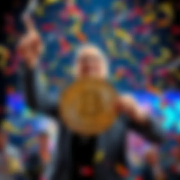A happy person celebrating their win of $100,000 in Bitcoin from PayPal's sweepstakes, holding a digital currency sign and surrounded by confetti.