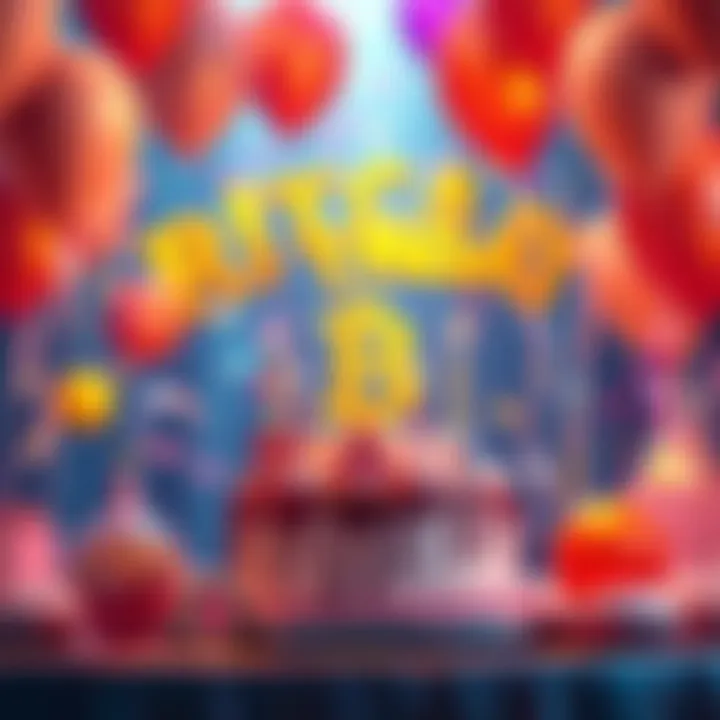 A festive scene with Bitcoin symbols, balloons, and a birthday cake, representing the 17th anniversary of Bitcoin.