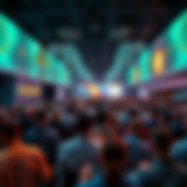 A crowded conference room with people discussing cryptocurrency trends during the Bitcoin 2026 event in Las Vegas.