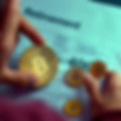 A person examining Bitcoin coins next to a 401(k) retirement plan document, symbolizing potential investment in cryptocurrency for retirement savings.