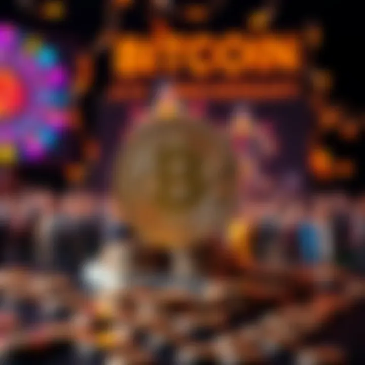 Celebration of Bitcoin's 5th anniversary with visuals of Bitcoin symbols and people stacking coins.