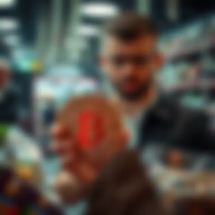 A shopkeeper looks disappointed while rejecting Bitcoin payments, with a Bitcoin logo in the foreground
