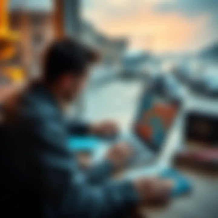 A traveler sets up a Bitcoin account on a laptop while planning a trip to Europe, with travel guides and a passport on the table.