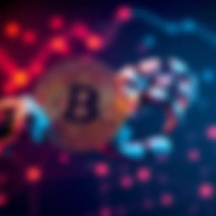 Bitcoin and AI Concept A representation of Bitcoin coins alongside a robotic arm symbolizing artificial intelligence, showcasing the connection between cryptocurrency and AI growth.