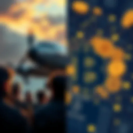 A split image showing an early airplane in flight on one side, with people looking doubtful, and on the other side, a graphic of Bitcoin symbols with people discussing their opinions on cryptocurrency...