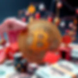 A Bitcoin symbol surrounded by traditional banking icons like a bank building and currency notes, showing the contrast between cryptocurrency and traditional banking.