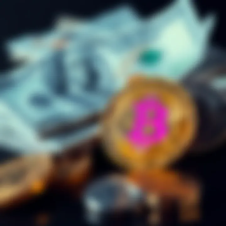 A close-up of Bitcoin coins beside a stack of cash, symbolizing the value of owning cryptocurrency.