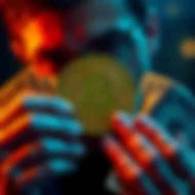 A person looking at a Bitcoin symbol while holding dollar bills, symbolizing the contrast between Bitcoin stability and fiat currency fluctuations.
