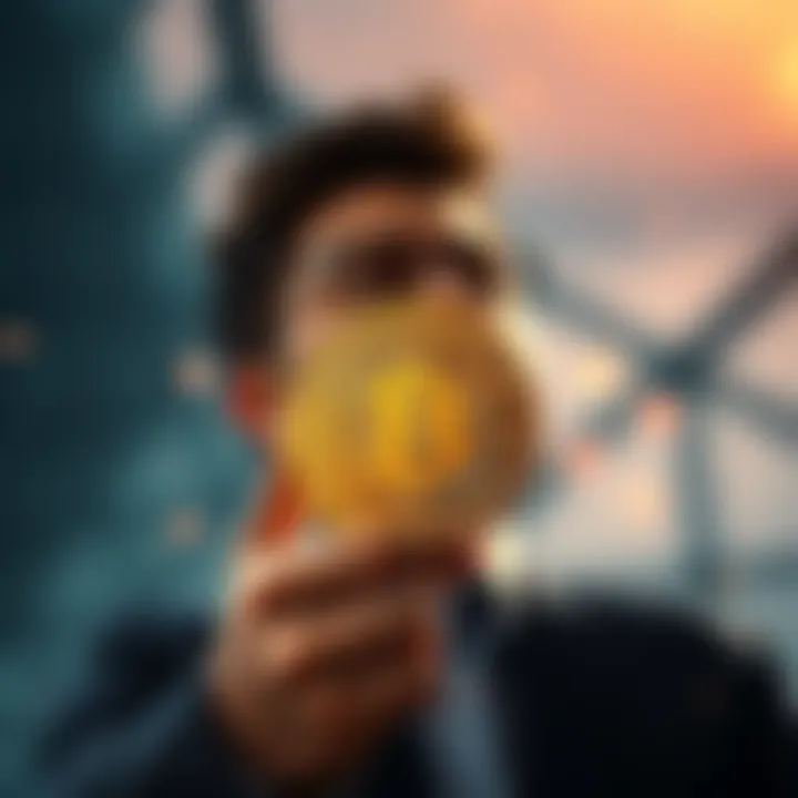 A person holding a bitcoin symbol while looking hopeful about the future, symbolizing financial freedom and investment opportunities.