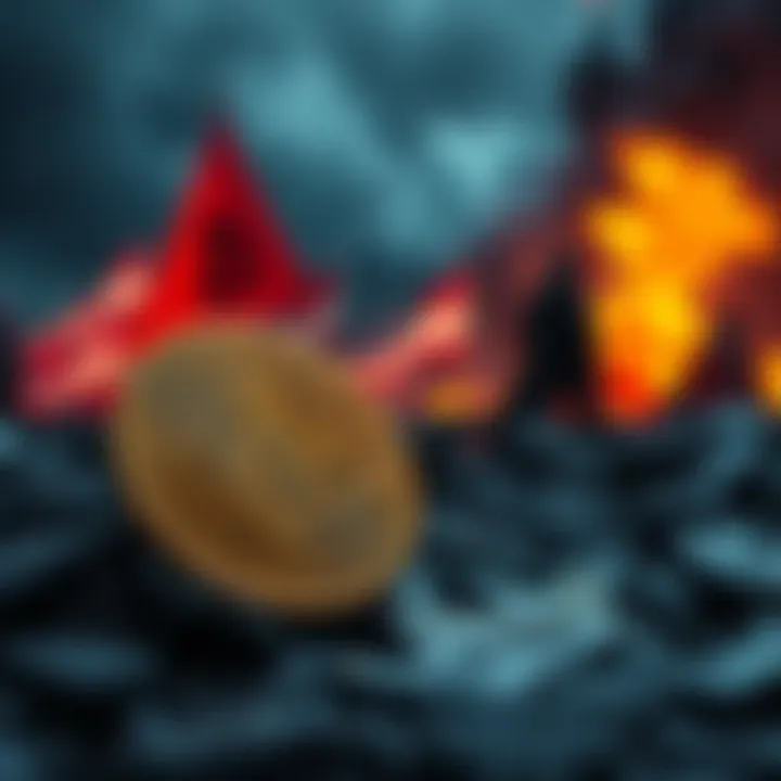 A Bitcoin coin in the foreground with war and inflation symbols in the background, representing the relationship between conflict and digital currency value.