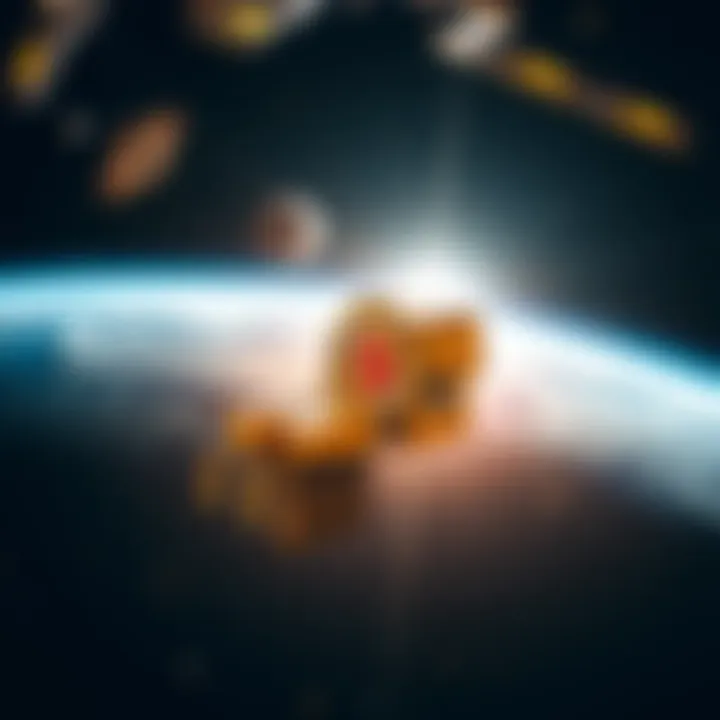 A futuristic scene showing Bitcoin ASIC mining equipment in low Earth orbit, with Earth visible in the background and representing thermal and radiation challenges.