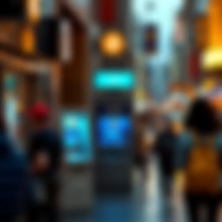 A Bitcoin ATM located in a bustling area, people are using it for transactions.