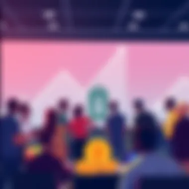 Bitcoin Average Costs Illustration showing people discussing Bitcoin costs in a group setting with a chart in the background