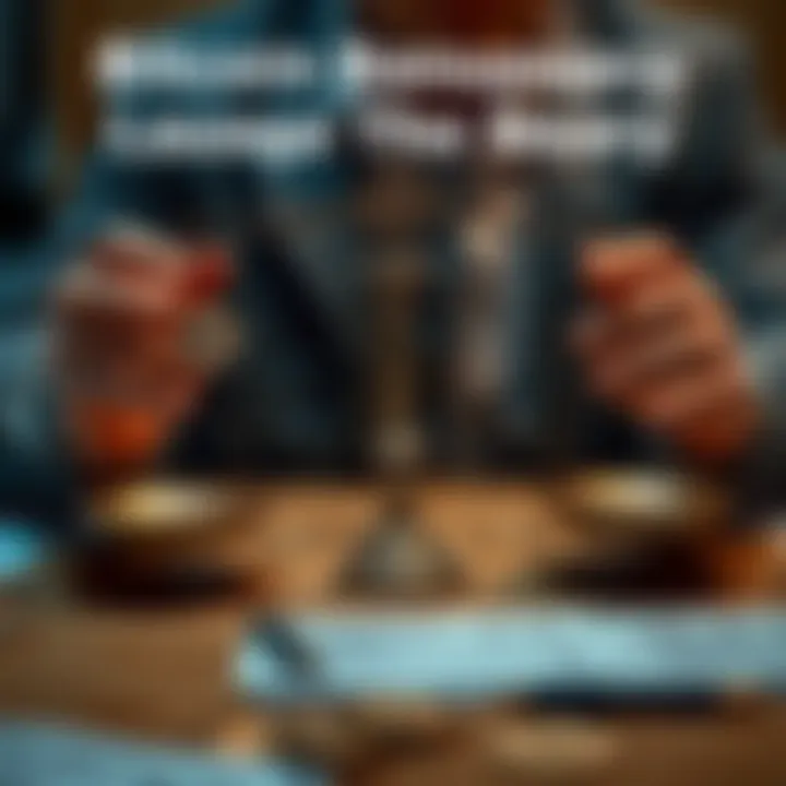 A person weighing options with Bitcoin symbols and bankruptcy papers on a table