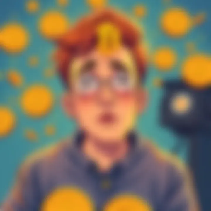 Illustration showing key Bitcoin topics like self-custody, privacy, and mining with a beginner looking confused, surrounded by Bitcoin symbols.