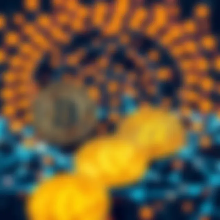 Illustration showing Bitcoin coins with a blockchain structure in the background, representing the basics of cryptocurrency and its technology.