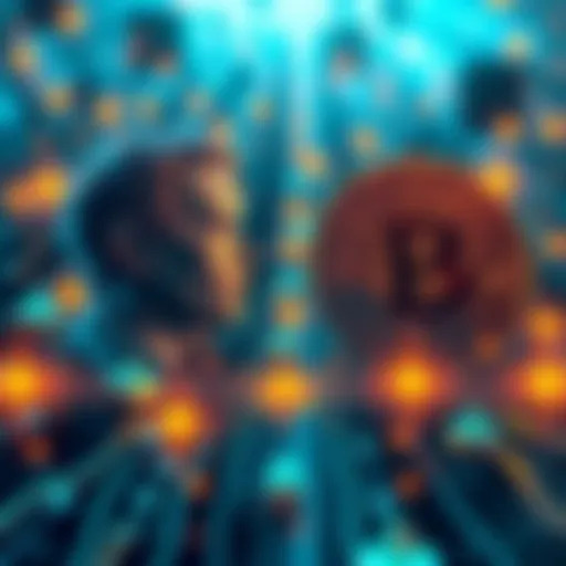 Illustration showing hidden messages in the Bitcoin blockchain, highlighting connections to Hal Finney and Satoshi Nakamoto alongside symbols representing Abrahamic traditions.